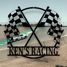 Load image into Gallery viewer, Customizable Metal Checkered Racing Flags sign - Race Car Sign - Racing Sign - Checkered Flags Sign - Metal Checkered Flag - Metal Race Sign