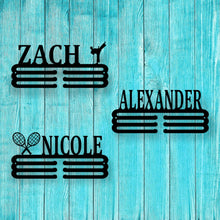 Load image into Gallery viewer, Custom Name Medal Hanger Monogram, Custom Medal Holder | Personalized Sports Medal Hanger | Display for Ribbons and Medals, Medal Holder