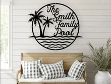 Load image into Gallery viewer, Custom Metal Palm Tree Sign, Family Pool Sign, Pool Sign For Deck, Metal Pool Deck Sign, Tropical Outdoor Décor, Outdoor Kitchen Sign