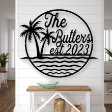 Load image into Gallery viewer, Custom Metal Palm Tree Sign, Family Pool Sign, Pool Sign For Deck, Metal Pool Deck Sign, Tropical Outdoor Décor, Outdoor Kitchen Sign