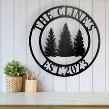 Load image into Gallery viewer, Metal Pine Tree Monogram | Customizable Name Sign, Rustic Home Décor, Personalized Gift, Nature-Inspired Wall Art, Farm Sign,