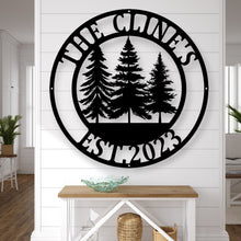 Load image into Gallery viewer, Metal Pine Tree Monogram | Customizable Name Sign, Rustic Home Décor, Personalized Gift, Nature-Inspired Wall Art, Farm Sign,