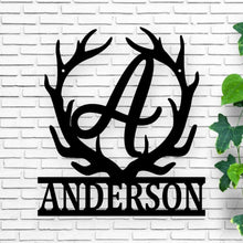 Load image into Gallery viewer, Customizable Deer Antler Family Monogram Sign | Unique Metal Artwork for Rustic Home Decor & Gifts