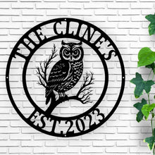 Load image into Gallery viewer, Personalized Owl Metal Sign | Custom Home Decor, Unique Gift for Owl Lovers & Bird Enthusiasts, Rustic Wall Art