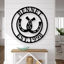 Load image into Gallery viewer, Horse Shoe Metal Sign | Rustic, Farmhouse Decor | Unique Wall Art | Perfect Gift for Horse Lovers & Equestrian Enthusiasts