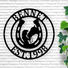 Load image into Gallery viewer, Horse Shoe Metal Sign | Rustic, Farmhouse Decor | Unique Wall Art | Perfect Gift for Horse Lovers & Equestrian Enthusiasts