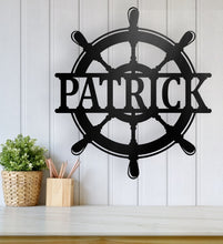 Load image into Gallery viewer, Ship Wheel Metal Sign | Nautical Home Decor, Rustic Wall Art, Coastal Decoration, Marine Theme, Man Cave Decor & Gift Idea