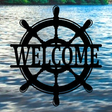 Load image into Gallery viewer, Ship Wheel Metal Sign | Nautical Home Decor, Rustic Wall Art, Coastal Decoration, Marine Theme, Man Cave Decor & Gift Idea