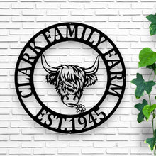 Load image into Gallery viewer, Custom Highland Cow Metal Sign | Personalized Home Décor, Rustic Wall Art, Unique Gift for Cow Lovers & Farmers, Farmhouse Décor, metal cow