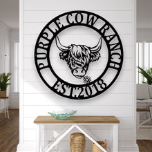 Load image into Gallery viewer, Custom Highland Cow Metal Sign | Personalized Home Décor, Rustic Wall Art, Unique Gift for Cow Lovers & Farmers, Farmhouse Décor, metal cow