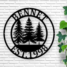 Load image into Gallery viewer, Metal Pine Tree Monogram | Customizable Name Sign, Rustic Home Décor, Personalized Gift, Nature-Inspired Wall Art, Farm Sign,