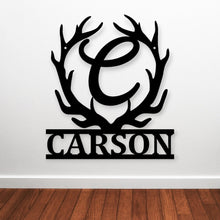 Load image into Gallery viewer, Customizable Deer Antler Family Monogram Sign | Unique Metal Artwork for Rustic Home Decor & Gifts