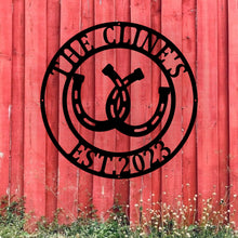 Load image into Gallery viewer, Horse Shoe Metal Sign | Rustic, Farmhouse Decor | Unique Wall Art | Perfect Gift for Horse Lovers & Equestrian Enthusiasts