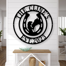 Load image into Gallery viewer, Horse Shoe Metal Sign | Rustic, Farmhouse Decor | Unique Wall Art | Perfect Gift for Horse Lovers & Equestrian Enthusiasts