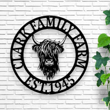 Load image into Gallery viewer, Custom Highland Cow Metal Sign | Personalized Home Décor, Rustic Wall Art, Unique Gift for Cow Lovers & Farmers, Farmhouse Décor, metal cow