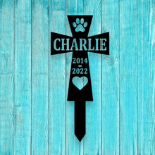 Load image into Gallery viewer, Custom Metal Dog Memorial Cross Stake - Personalized Pet Tribute, Garden Décor, Remembrance, Dog Loss Sympathy Gift, Beautiful Memorial Sign