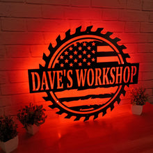 Load image into Gallery viewer, Custom American Flag Workshop Sign | Metal Shop Sign | Free Shipping | Dad Shop | Valentines Day | Garage Sign | USA | Freedom, garage