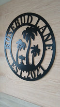 Load and play video in Gallery viewer, Personalized Palm Tree Metal Sign - Beach House Signs - Door Hanger - Metal Wall Art - Beach Decor - Coastal Decor - Tropical Decor