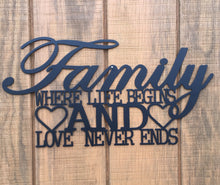 Load image into Gallery viewer, Family where life begins and love never ends, metal monogram, metal wall decor, metal quote, Housewarming Gift, Christmas gift