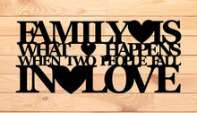 Load image into Gallery viewer, Family what happens when two people fall in love, metal monogram, metal wall decor, metal quote, Housewarming Gift, Christmas gift