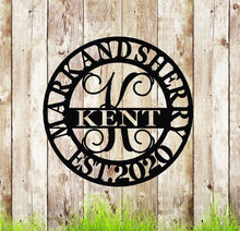 Load image into Gallery viewer, Family name metal monogram sign, Personalized Metal Wedding Gift,  Personalized Door Signs, Metal Monogram established sign