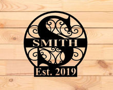 Load image into Gallery viewer, Personalized Family Name Metal Sign, Housewarming Gift, established sign, Door Hanger, metal Last Name Sign, Metal Wall Art, metal Wedding
