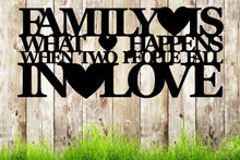 Load image into Gallery viewer, Family what happens when two people fall in love, metal monogram, metal wall decor, metal quote, Housewarming Gift, Christmas gift