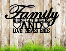 Load image into Gallery viewer, Family where life begins and love never ends, metal monogram, metal wall decor, metal quote, Housewarming Gift, Christmas gift
