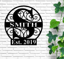 Load image into Gallery viewer, Personalized Family Name Metal Sign, Housewarming Gift, established sign, Door Hanger, metal Last Name Sign, Metal Wall Art, metal Wedding