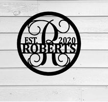 Load image into Gallery viewer, Personalized Circle Vine Family Name & Initial Metal Sign - Metal Monogram Sign - Housewarming Gift - Wedding Gift - Door Hanger