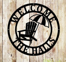 Load image into Gallery viewer, Beach Chair Umbrella - Customized weatherproof sign for indoor outdoor/ Monogram Name Camping Sign / Home Decor / Personalized Outdoor Decor