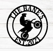 Load image into Gallery viewer, Dirt Bike Rider Name Sign, Motocross Racing Sign, Boys Bedroom Decor, Kids Dirt Bike Wall Art, Girls Dirt Bike Decor, metal wall art