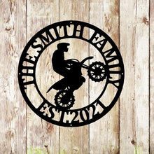 Load image into Gallery viewer, Dirt Bike Rider Name Sign, Motocross Racing Sign, Boys Bedroom Decor, Kids Dirt Bike Wall Art, Girls Dirt Bike Decor, metal wall art