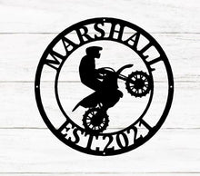 Load image into Gallery viewer, Dirt Bike Rider Name Sign, Motocross Racing Sign, Boys Bedroom Decor, Kids Dirt Bike Wall Art, Girls Dirt Bike Decor, metal wall art