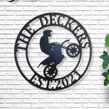 Load image into Gallery viewer, Dirt Bike Rider Name Sign, Motocross Racing Sign, Boys Bedroom Decor, Kids Dirt Bike Wall Art, Girls Dirt Bike Decor, metal wall art