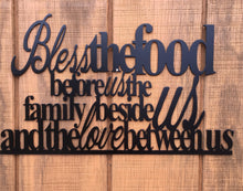 Load image into Gallery viewer, Bless the food before us the family beside us and the love between us, metal monogram, metal wall decor, metal quote, Housewarming Gift
