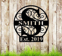 Load image into Gallery viewer, Personalized Family Name Metal Sign, Housewarming Gift, established sign, Door Hanger, metal Last Name Sign, Metal Wall Art, metal Wedding
