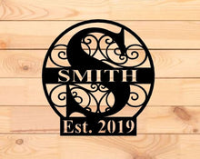 Load image into Gallery viewer, Personalized Family Name Metal Sign, Housewarming Gift, established sign, Door Hanger, metal Last Name Sign, Metal Wall Art, metal Wedding
