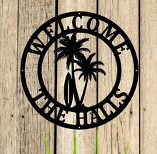 Load image into Gallery viewer, Personalized Palm Tree Metal Sign - Beach House Signs - Door Hanger - Metal Wall Art - Beach Decor - Coastal Decor - Tropical Decor
