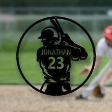 Load image into Gallery viewer, Custom metal baseball name sign, Baseball Name Home Decor, personalized uniform number wall art, bat metal sign, softball steel art
