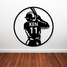 Load image into Gallery viewer, Custom metal baseball name sign, Baseball Name Home Decor, personalized uniform number wall art, bat metal sign, softball steel art
