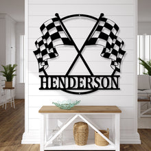 Load image into Gallery viewer, Customizable Metal Checkered Racing Flags sign - Race Car Sign - Racing Sign - Checkered Flags Sign - Metal Checkered Flag - Metal Race Sign
