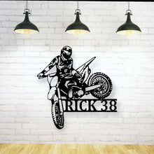 Load image into Gallery viewer, Custom Dirt Bike Metal Sign, Dirt Bike Rider Name Sign, Motocross Racing Sign, Boys Bedroom Decor, Dirt Bike Decor, metal wall art
