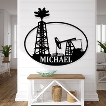 Load image into Gallery viewer, Personalized Metal Name Sign, Custom Oil Field Sign, Oil Rig Welcome Sign, Rustic Metal Wall Art, Driller Gift, oil rig sign,
