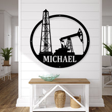 Load image into Gallery viewer, Personalized Metal Name Sign, Custom Oil Field Sign, Oil Rig Welcome Sign, Rustic Metal Wall Art, Driller Gift, oil rig sign,
