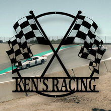 Load image into Gallery viewer, Customizable Metal Checkered Racing Flags sign - Race Car Sign - Racing Sign - Checkered Flags Sign - Metal Checkered Flag - Metal Race Sign
