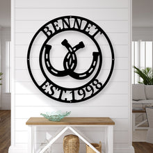 Load image into Gallery viewer, Horse Shoe Metal Sign | Rustic, Farmhouse Decor | Unique Wall Art | Perfect Gift for Horse Lovers &amp; Equestrian Enthusiasts
