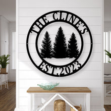 Load image into Gallery viewer, Metal Pine Tree Monogram | Customizable Name Sign, Rustic Home Décor, Personalized Gift, Nature-Inspired Wall Art, Farm Sign,
