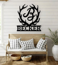 Load image into Gallery viewer, Customizable Deer Antler Family Monogram Sign | Unique Metal Artwork for Rustic Home Decor &amp; Gifts
