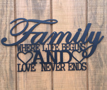 Load image into Gallery viewer, Family where life begins and love never ends, metal monogram, metal wall decor, metal quote, Housewarming Gift, Christmas gift
